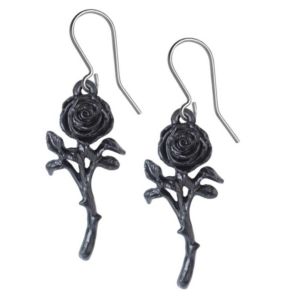 Alchemy Gothic Romantic Black Rose Hook Dangling Earrings NWT